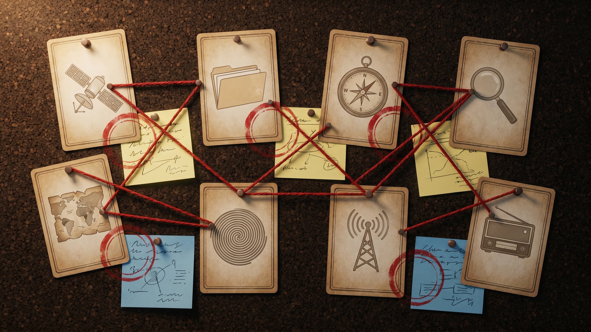 Mur d'investigation ComploDex avec cartes épinglées, fils rouges et tampons rouges « DOSSIER CLASSÉ »